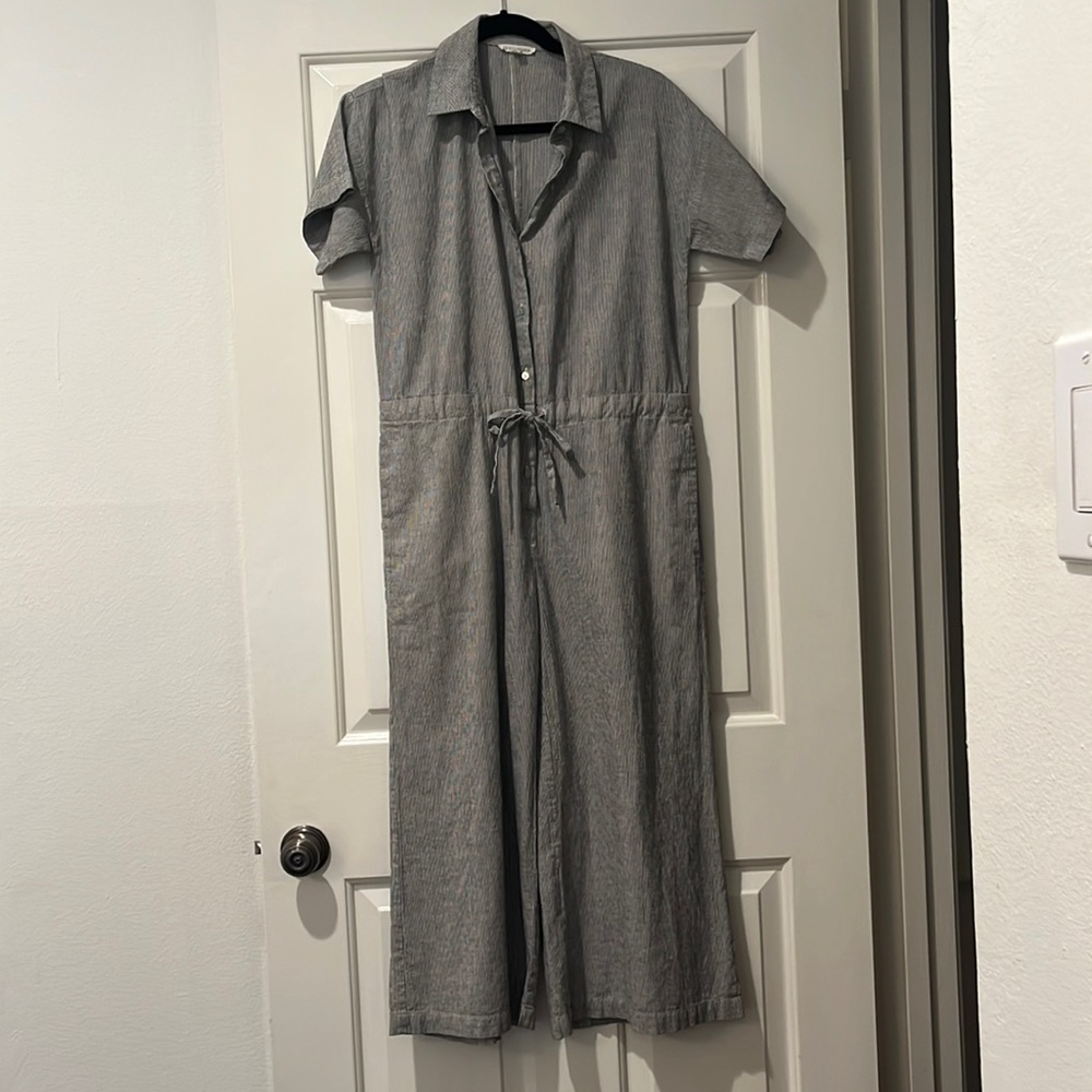 Eileen Fisher grey/black and white pinstripe jumpsuit. Hemmed for 5’ woman.
